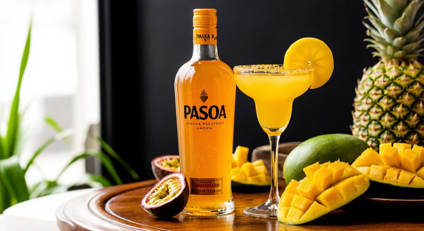 A vibrant orange-yellow Passoa liqueur bottle sits on a wooden bar next to a cocktail glass filled with a tropical drink garnished with a slice of passion fruit, surrounded by fresh fruits like mango and pineapple.