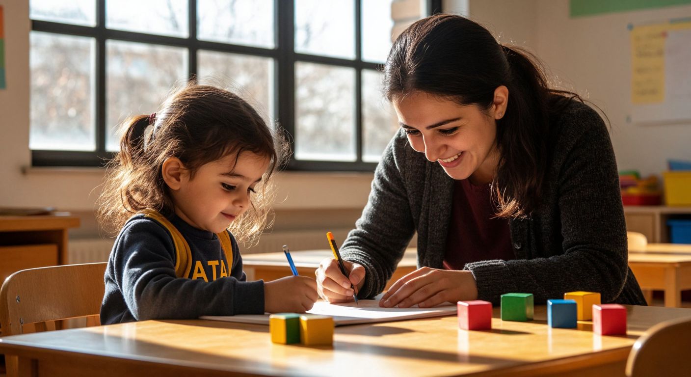 A young Turkish child sitting at a wooden table in a sunlit classroom, carefully writing the word "Ata" in a notebook while a smiling teacher leans over to guide their hand, with colorful letter blocks scattered nearby.