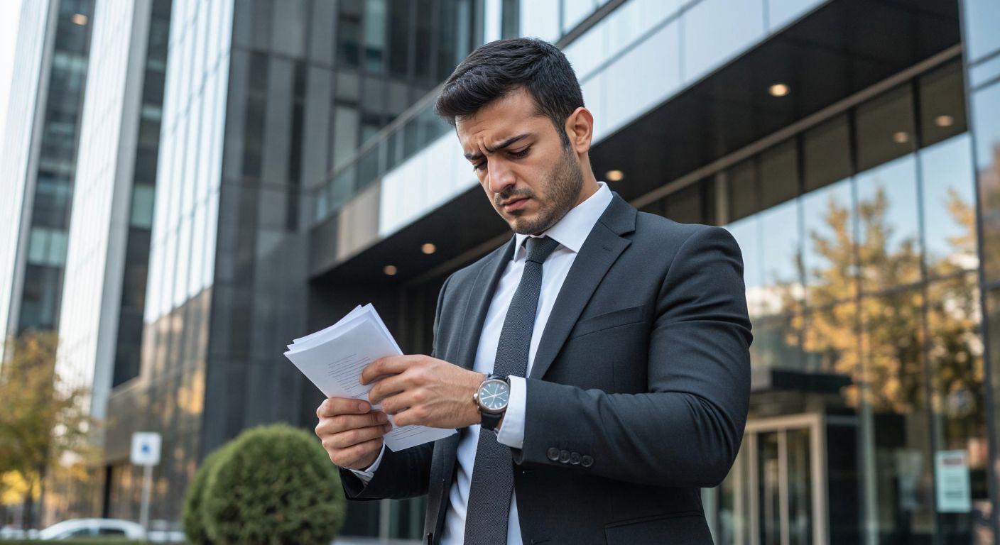 A Turkish man in a business suit checks his watch while standing near a modern bank building, looking slightly impatient but hopeful, with a small stack of documents in his hand.