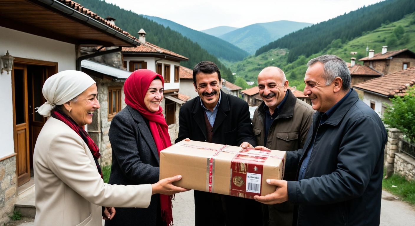 A warm scene in Kastamonu with smiling locals receiving aid packages from famous Turkish figures like Sezen Aksu, Hayri Darende, and Haluk Levent, surrounded by traditional wooden houses and the lush green mountains of the region.