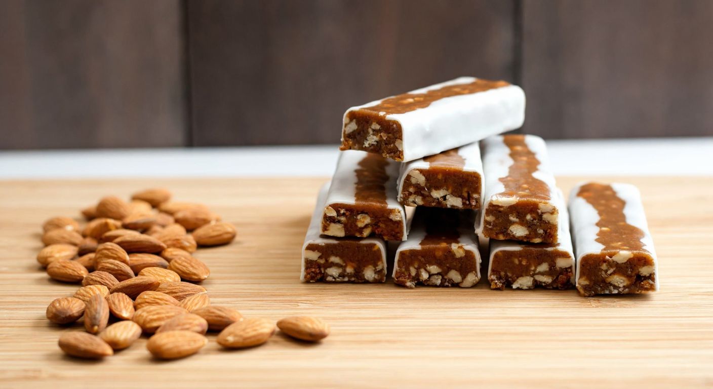 A neatly arranged stack of almond-studded protein bars in various sizes (35g, 40g, 45g) on a wooden table, with a handful of fresh almonds scattered beside them, evoking a wholesome, health-conscious Turkish snack.