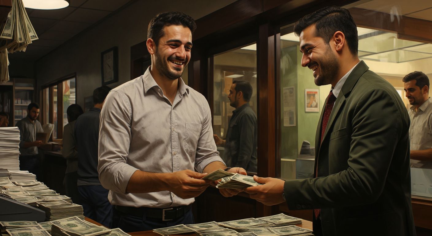 A determined Turkish man in a neat shirt hands a stack of cash to a bank teller behind a counter, his expression relieved as the teller smiles approvingly.
