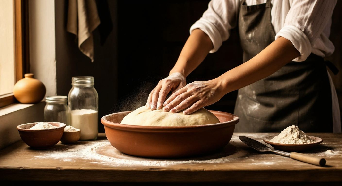 A warm, rustic Turkish kitchen with a wooden table, where hands knead dough in a large ceramic bowl, surrounded by flour and a small jar of yeast, evoking a sense of tradition and home cooking.