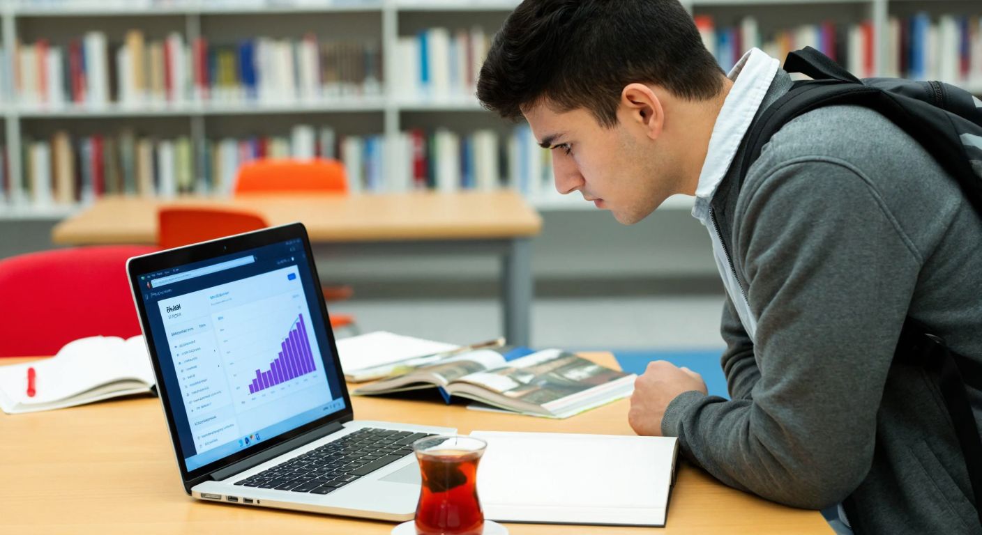 A young Turkish student in a university library, wearing a casual outfit and a backpack, intently studies a laptop screen displaying a colorful academic dashboard with graphs and charts, surrounded by scattered notebooks and a steaming cup of Turkish tea.