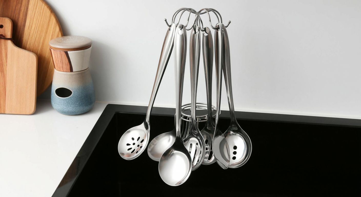 A sturdy set of silver plastic serving spoons with hanging hooks, neatly arranged on a kitchen counter in a Turkish home, reflecting durability and practicality.