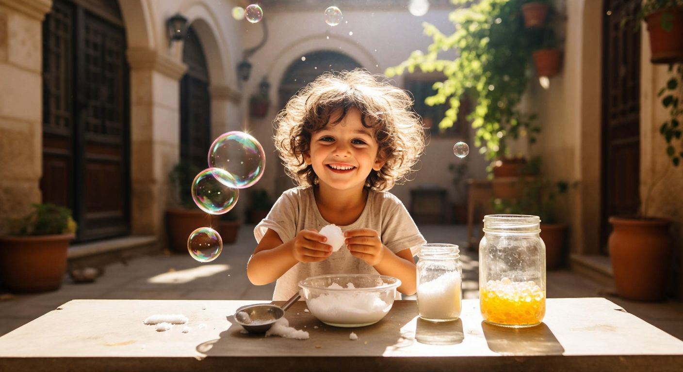 A smiling child in a sunlit Turkish courtyard blows shimmering soap bubbles from a homemade solution in a small plastic bowl, with a spoonful of sugar and a jar of corn syrup nearby.