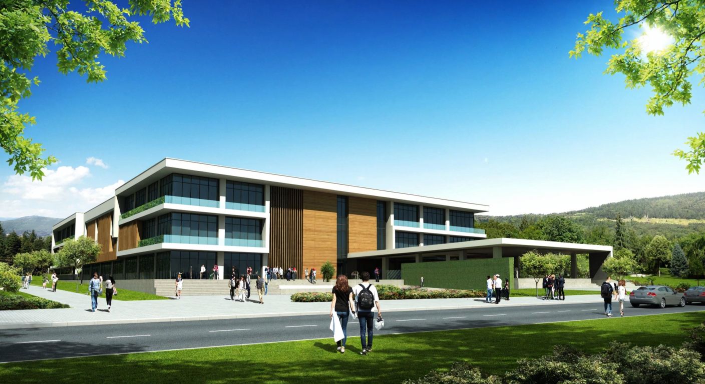 A modern university building in Kocaeli with students carrying architectural blueprints, surrounded by lush greenery and a clear blue sky.