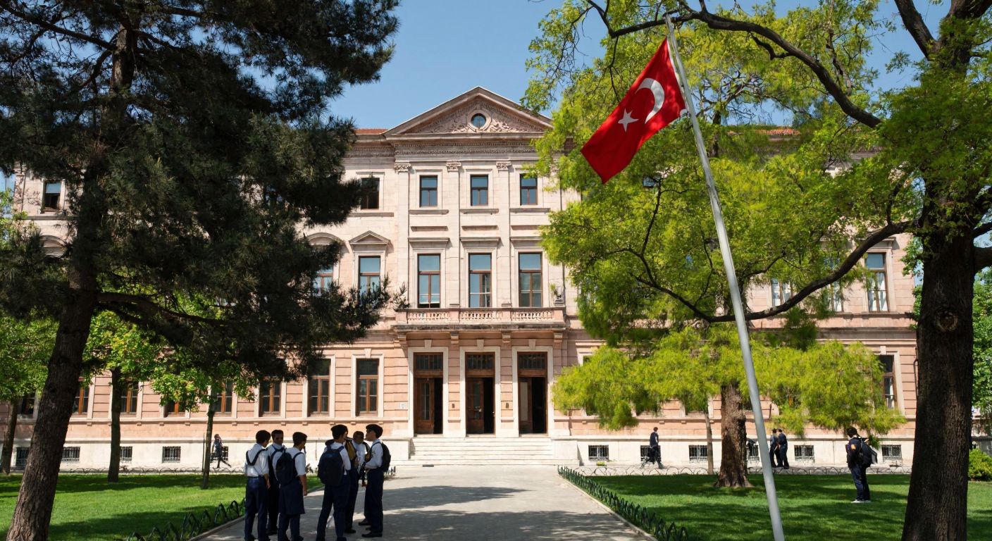 A grand historic school building in Üsküdar with a Turkish flag waving gently in the breeze, surrounded by students in uniforms chatting under the shade of old trees.