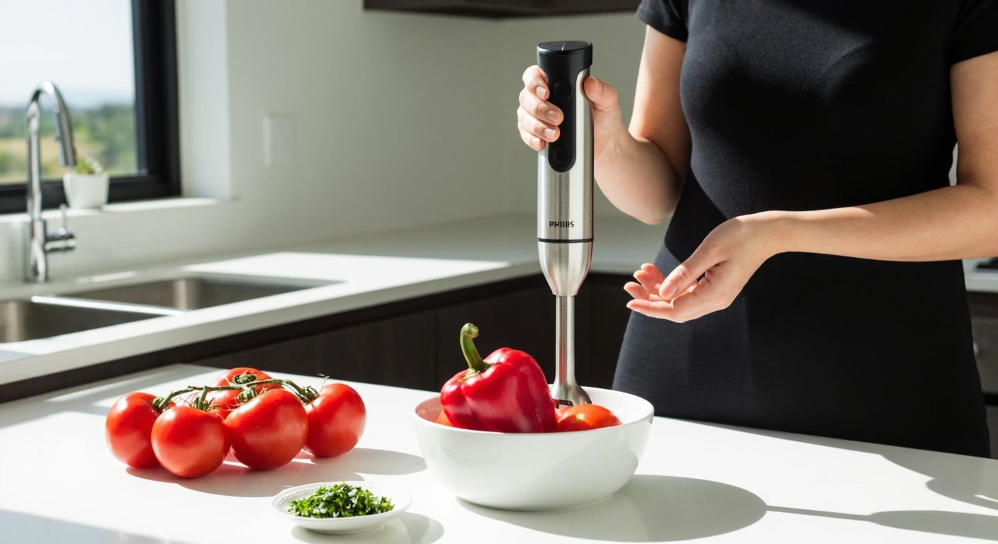 A Turkish woman in a sunlit kitchen holds a Philips hand blender over a bowl of fresh red peppers and tomatoes, with a clean white countertop and a small plate of chopped herbs nearby.