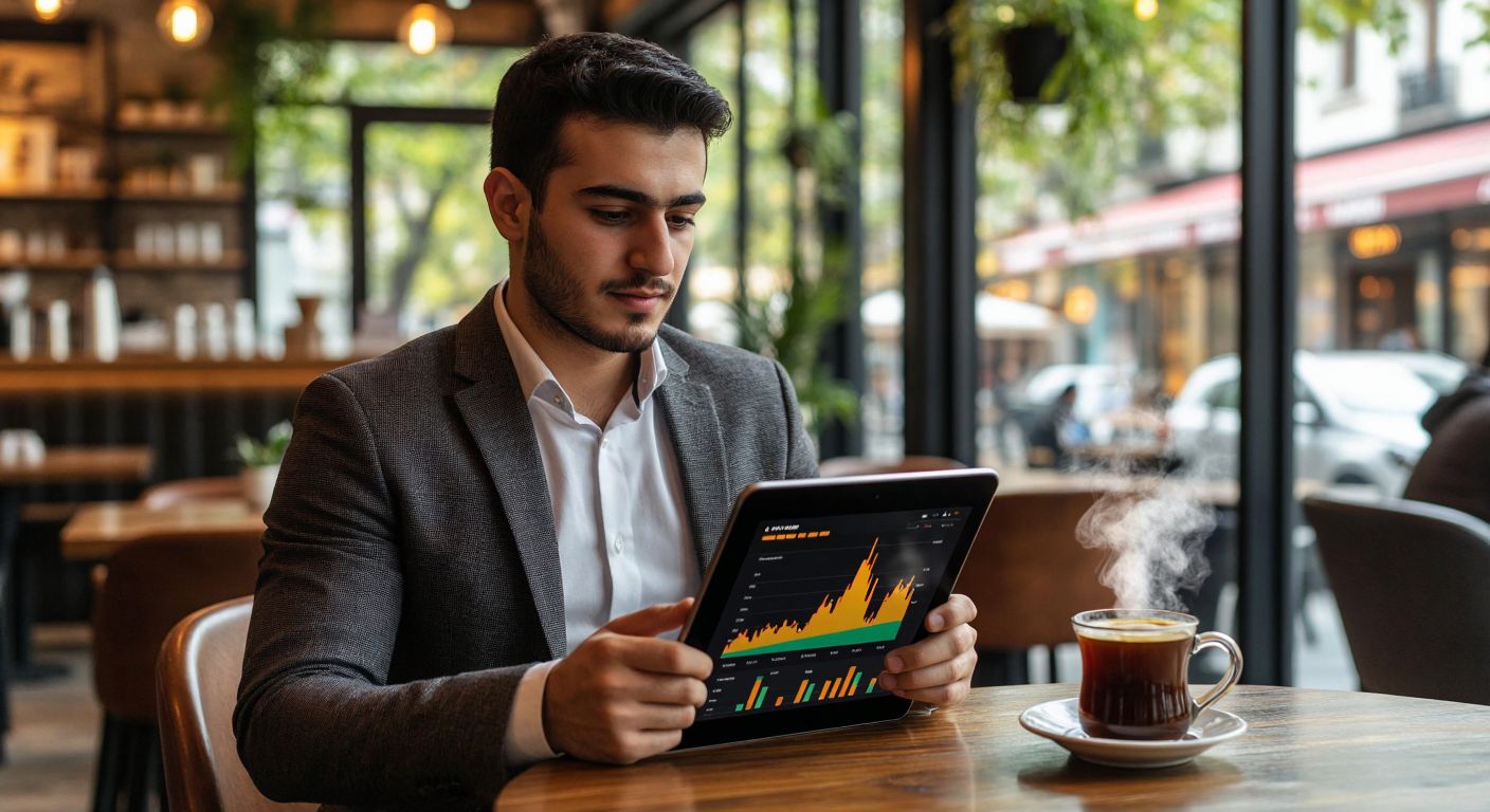 A young Turkish professional in a modern café confidently reviews colorful financial charts on a tablet, with a steaming cup of Turkish coffee beside them, symbolizing organized wealth management.