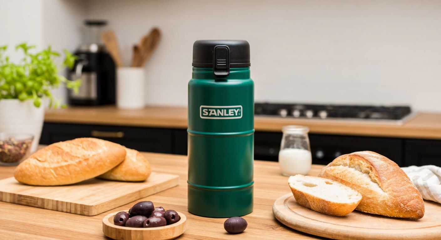 A sturdy green Stanley thermos with a classic design sits on a wooden table in a cozy Turkish kitchen, surrounded by fresh bread and olives, conveying durability and everyday use.