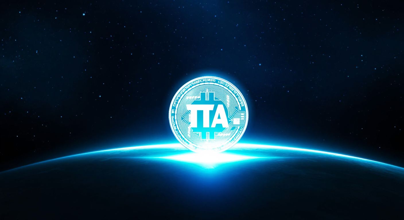 A glowing digital coin with a "TIA" emblem rests on a dark, starry background, symbolizing its limited supply in the vast crypto universe.