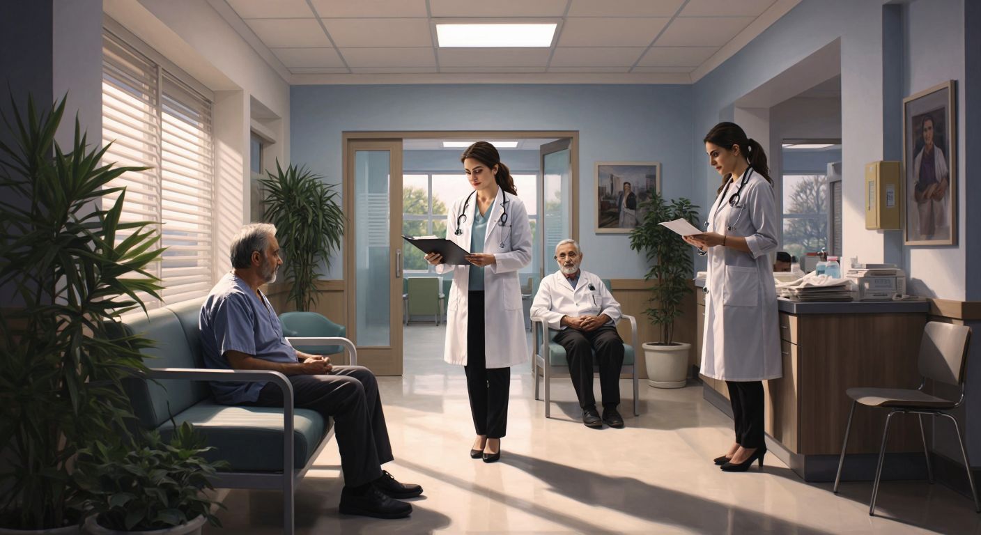 A well-lit, modern Turkish clinic with a composed female administrator in a white coat reviewing patient files while a nurse organizes medical supplies and a doctor warmly greets an elderly patient in the waiting area.