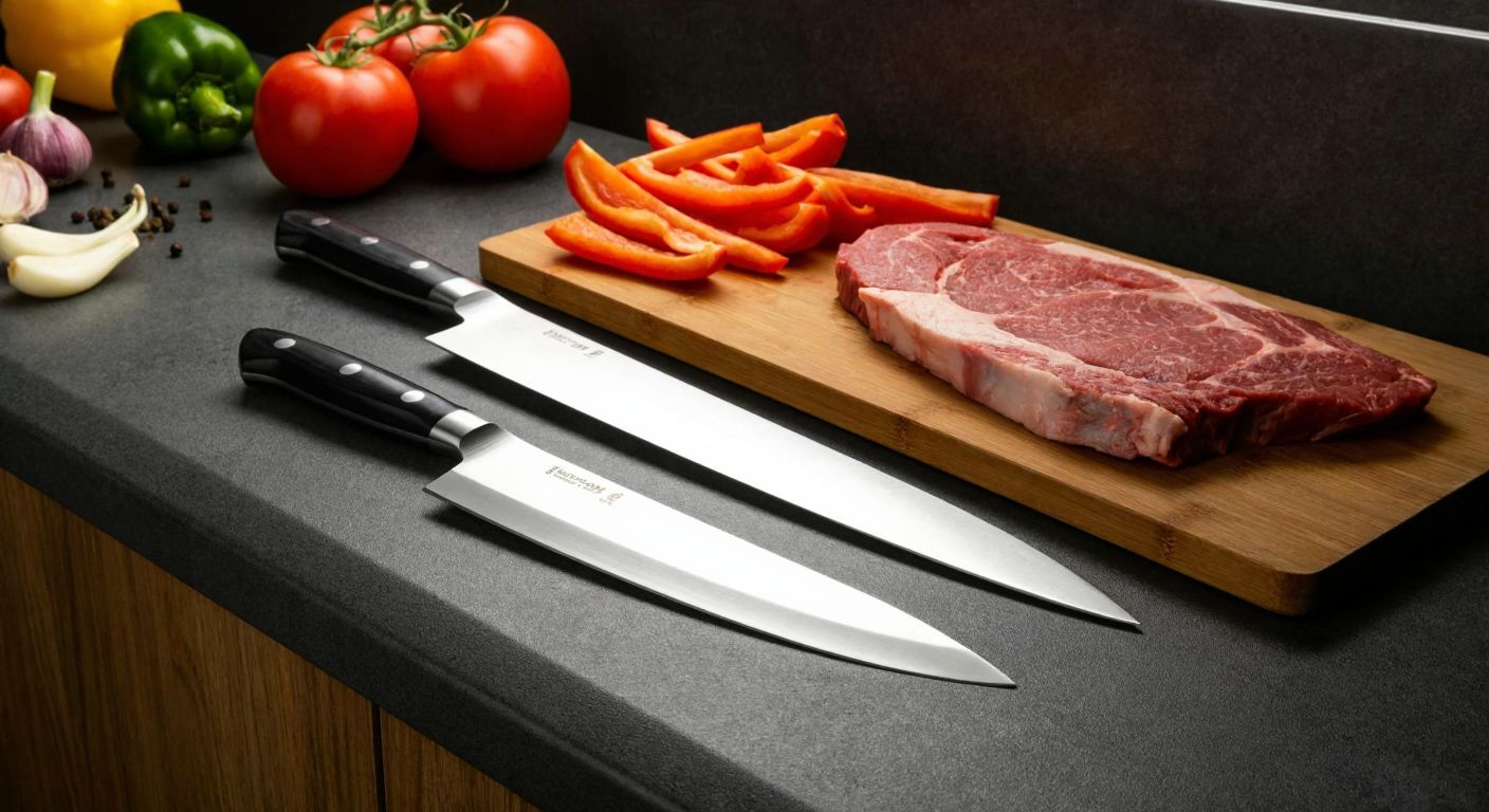 A Turkish kitchen countertop with two stainless steel knives side by side—one longer chef's knife (61001) resting near chopped vegetables, and a shorter butcher's knife (61111) beside raw meat, both gleaming under warm light.