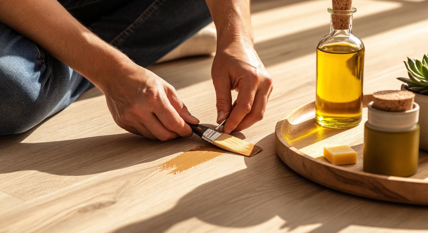 A close-up of a person's hands carefully applying wood filler with a small spatula to a scratch on a light-toned laminate floor in a sunlit Turkish living room, with a bottle of olive oil and a wax stick nearby on a wooden tray.