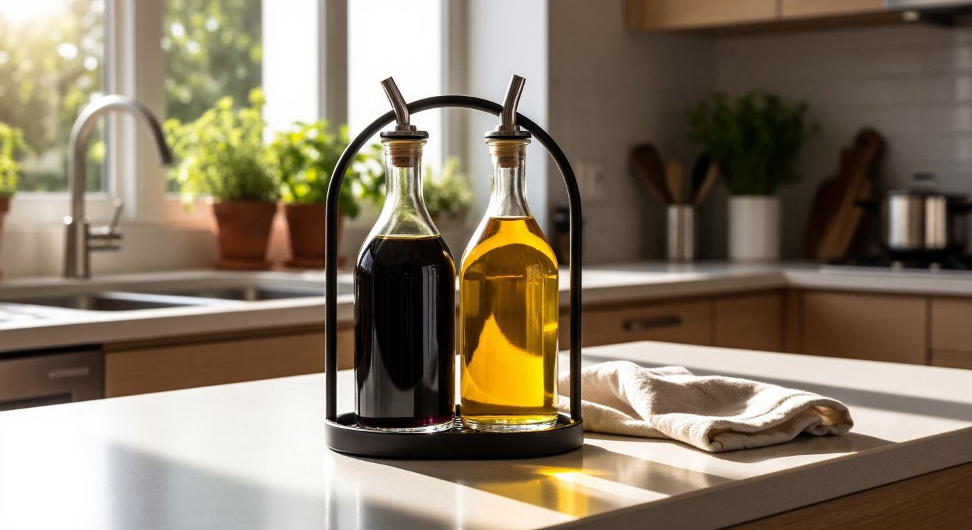 A sleek metal oil and vinegar bottle stand sits on a sunlit kitchen counter in Turkey, holding glass bottles of golden olive oil and dark vinegar, with a clean cloth draped nearby for wiping spills.