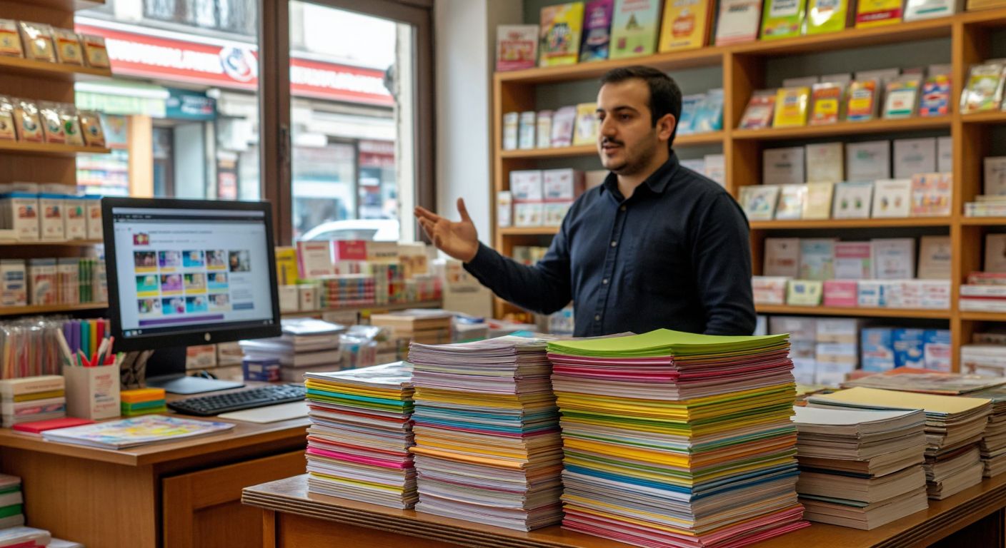 A vibrant stack of colorful A4 papers on a wooden desk in a Turkish stationery shop, with a shopkeeper gesturing toward a computer screen displaying a website.