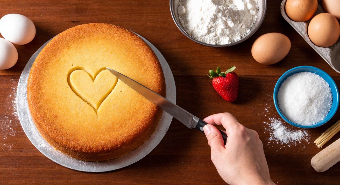 A warm Turkish kitchen with a round cake on a wooden table, a hand carefully carving it into a heart shape with a knife, surrounded by ingredients like eggs, flour, and strawberries.