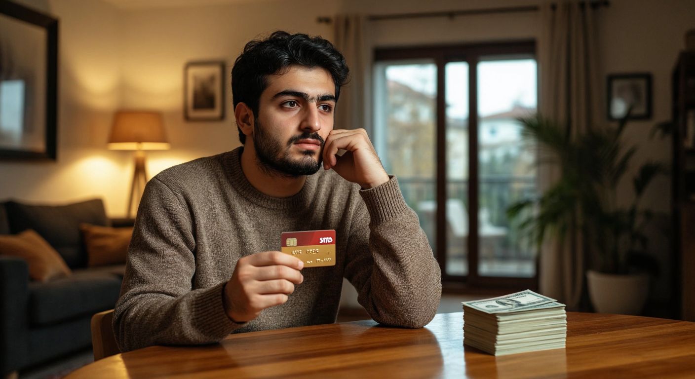 A Turkish person in a modern home setting holds two credit cards with a thoughtful expression, weighing financial pros and cons while a small stack of bills sits on a wooden table nearby.