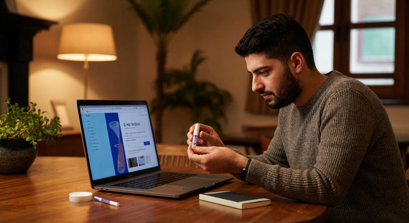 A curious person in Turkey holds a small vial for a DNA test while sitting at a wooden table with a laptop displaying the e-Devlet website, surrounded by a warm, inviting atmosphere.