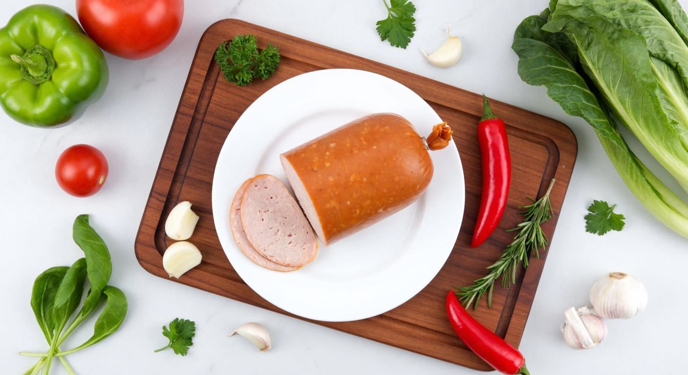 A neatly arranged plate of sliced chicken salami on a wooden cutting board, surrounded by fresh vegetables and herbs, with a Turkish woman in a kitchen apron thoughtfully considering the balance between health benefits and risks.