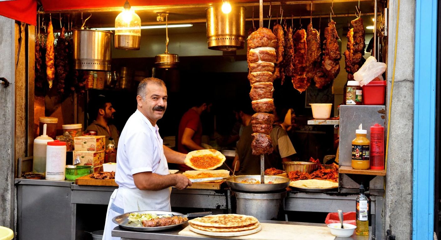 A bustling street food stall in Kadıköy, Istanbul, with a mustachioed man in a white apron grilling meat on a vertical spit, surrounded by the aroma of spices and warm lavash bread.