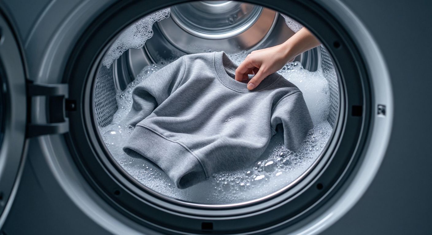 A cozy gray sweatsuit lies inside a washing machine with cold water, surrounded by gentle detergent bubbles, while a pair of hands carefully turns it inside out before closing the machine door.