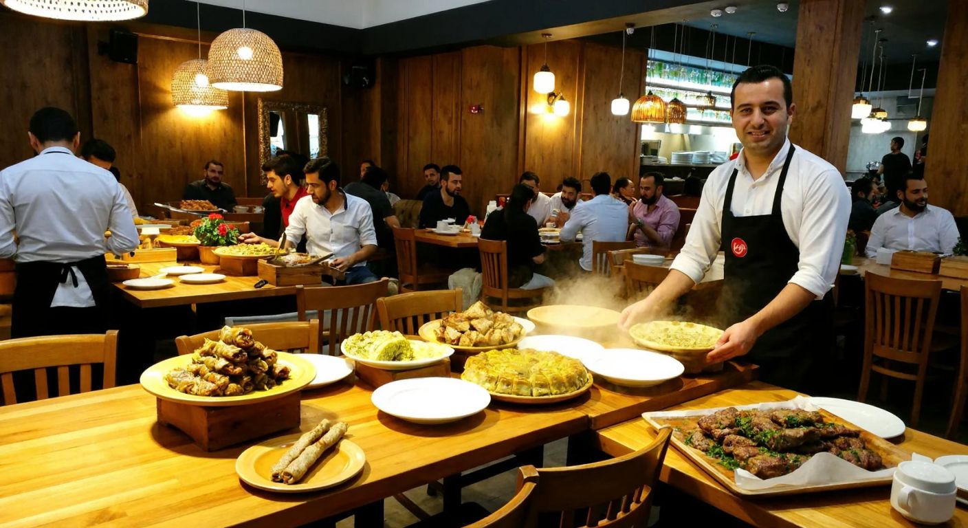 A bustling Turkish restaurant in Gaziosmanpaşa, Istanbul, with warm lighting, wooden tables filled with steaming kebabs and baklava, and a smiling waiter in a traditional apron guiding guests.