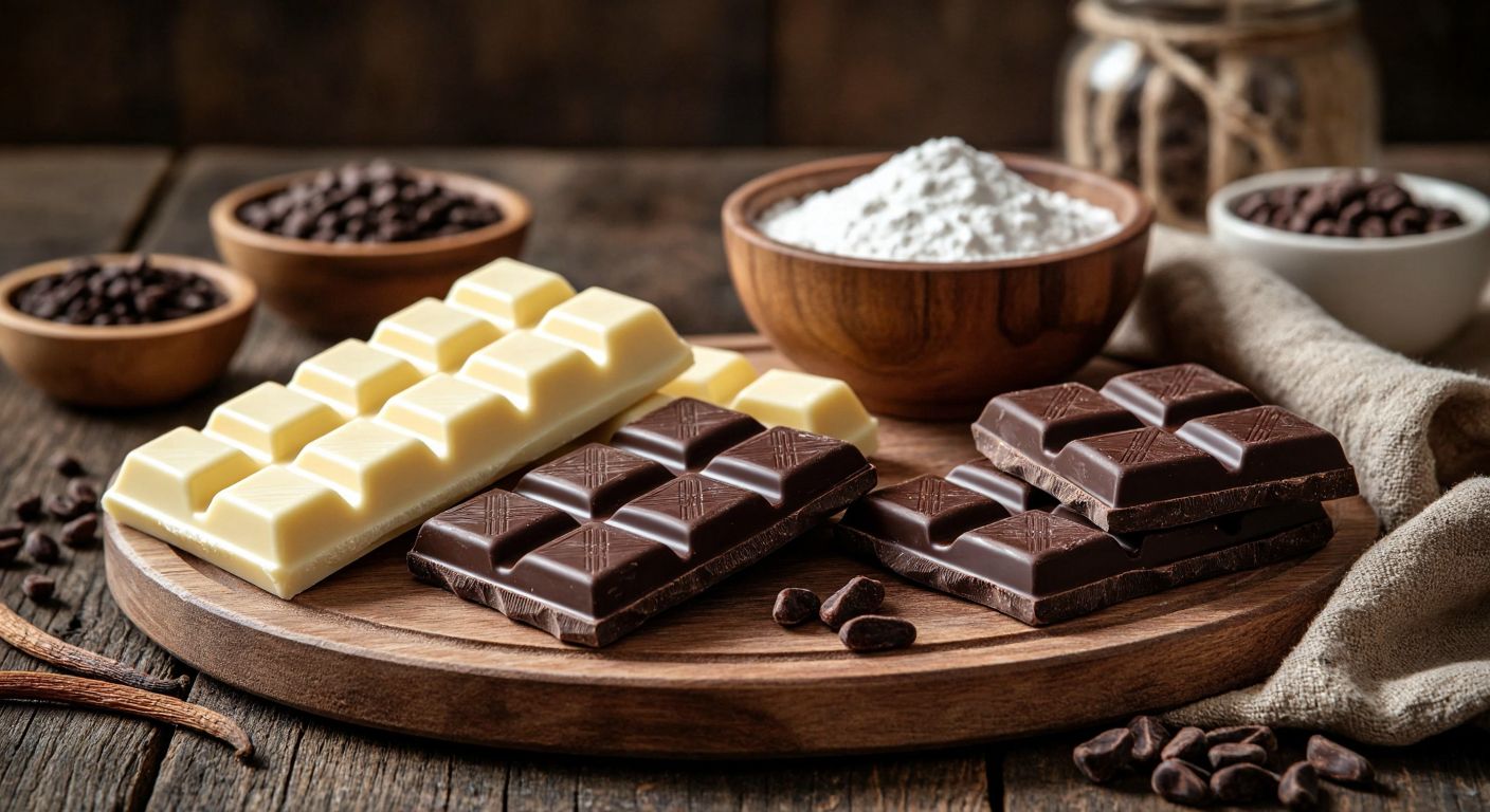 A warm Turkish kitchen with a wooden table displaying a split view: on one side, creamy white chocolate bars melting slightly next to a bowl of powdered milk and vanilla pods, and on the other, dark chocolate squares with cocoa beans and sugar cubes, evoking curiosity and contrast.