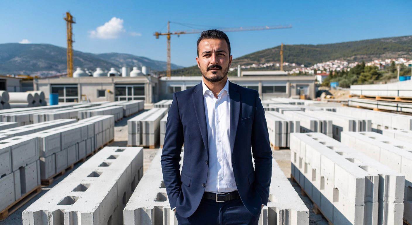 A distinguished Turkish businessman in a sharp suit stands proudly in front of a modern factory producing lightweight concrete blocks, with the Aegean coastline visible in the background.