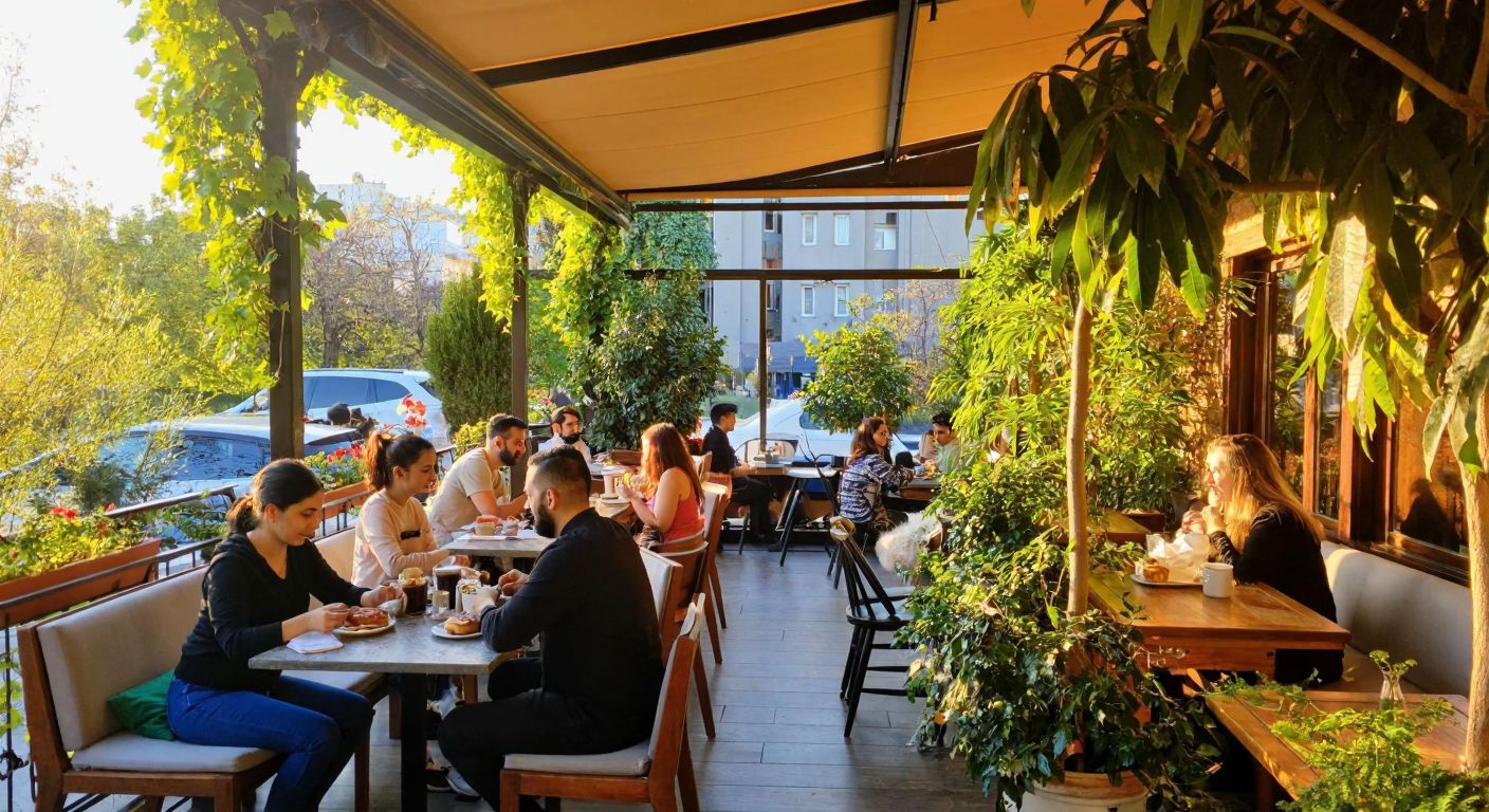 A cozy, plant-filled café terrace in Ankara with people enjoying coffee and pastries, surrounded by lush greenery and warm sunlight, conveying a relaxed, alcohol-free atmosphere.