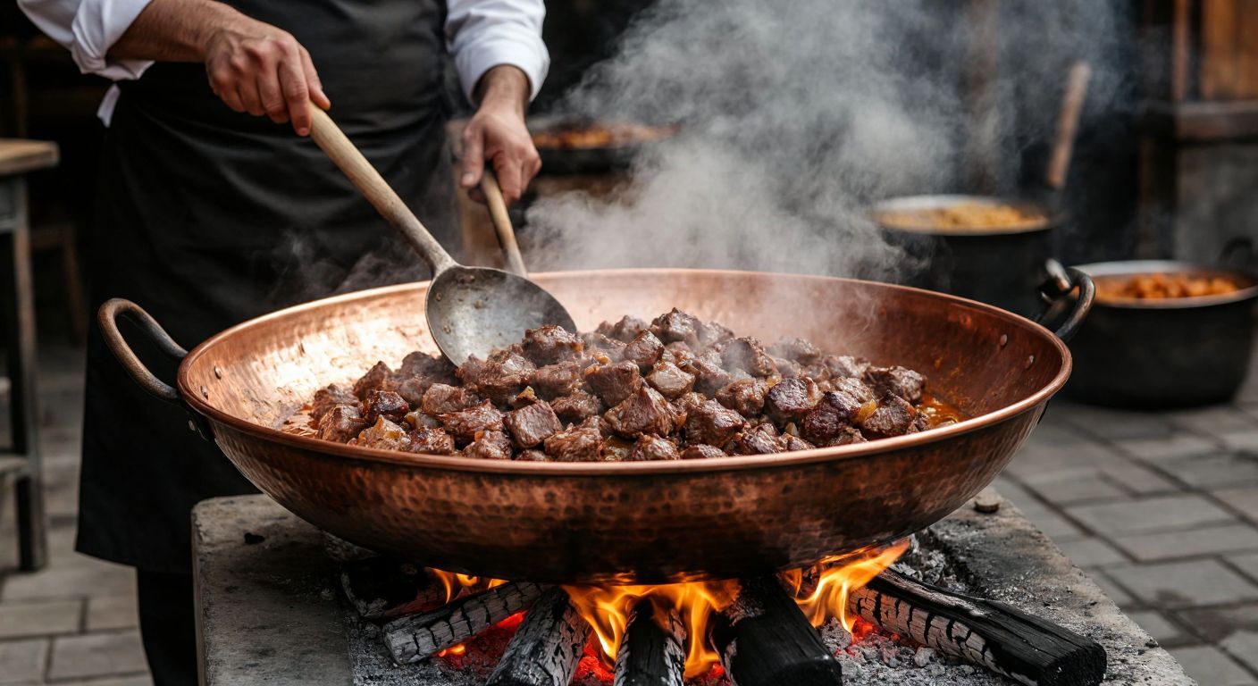 A large, round copper kavurma çukuru sits over a crackling wood fire, filled with sizzling chunks of meat glistening with melted fat, while a cook in a traditional Turkish apron stirs the mixture with a long wooden spoon, steam rising into the air.