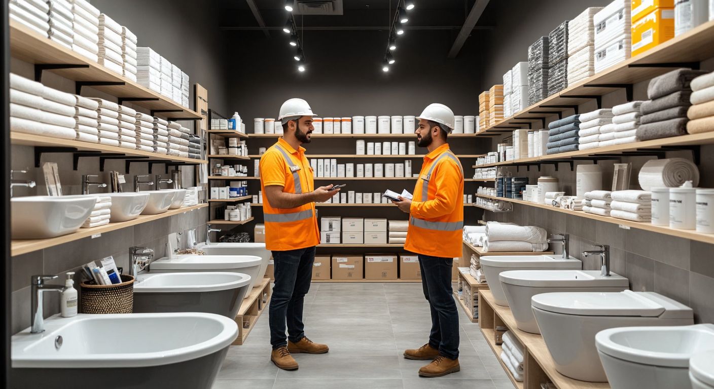 A well-lit Turkish construction supply store with neatly arranged bathroom fixtures, ceramic tiles, paint cans, and power tools, while a professional architect in a hard hat discusses plans with a customer.