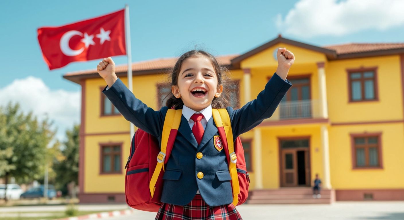 A cheerful Turkish child, around 6 years old, wearing a school uniform and holding a backpack, standing excitedly in front of a bright yellow school building with a Turkish flag waving gently in the background.