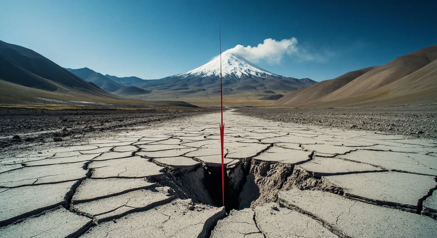 A cracked, mountainous landscape in Tibet with a seismograph needle sharply spiking, conveying the force of an earthquake, while a distant Chilean volcano subtly smokes in the background.
