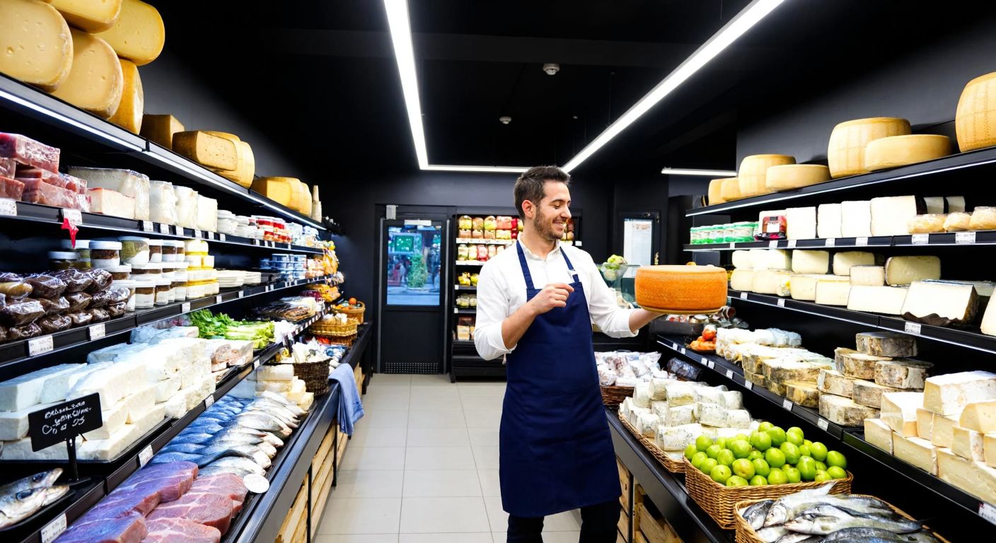 A well-lit CarrefourSA supermarket aisle in Turkey displays neatly arranged gourmet products like fresh fish, artisanal cheeses, and organic fruits, with a smiling chef in an apron examining a wheel of aged peynir.