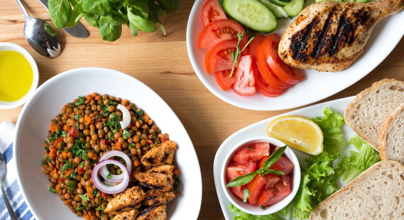 A vibrant Turkish lunch spread on a wooden table featuring grilled chicken, a colorful lentil salad, whole wheat bread, fresh vegetables, and a drizzle of olive oil, evoking health and balance.