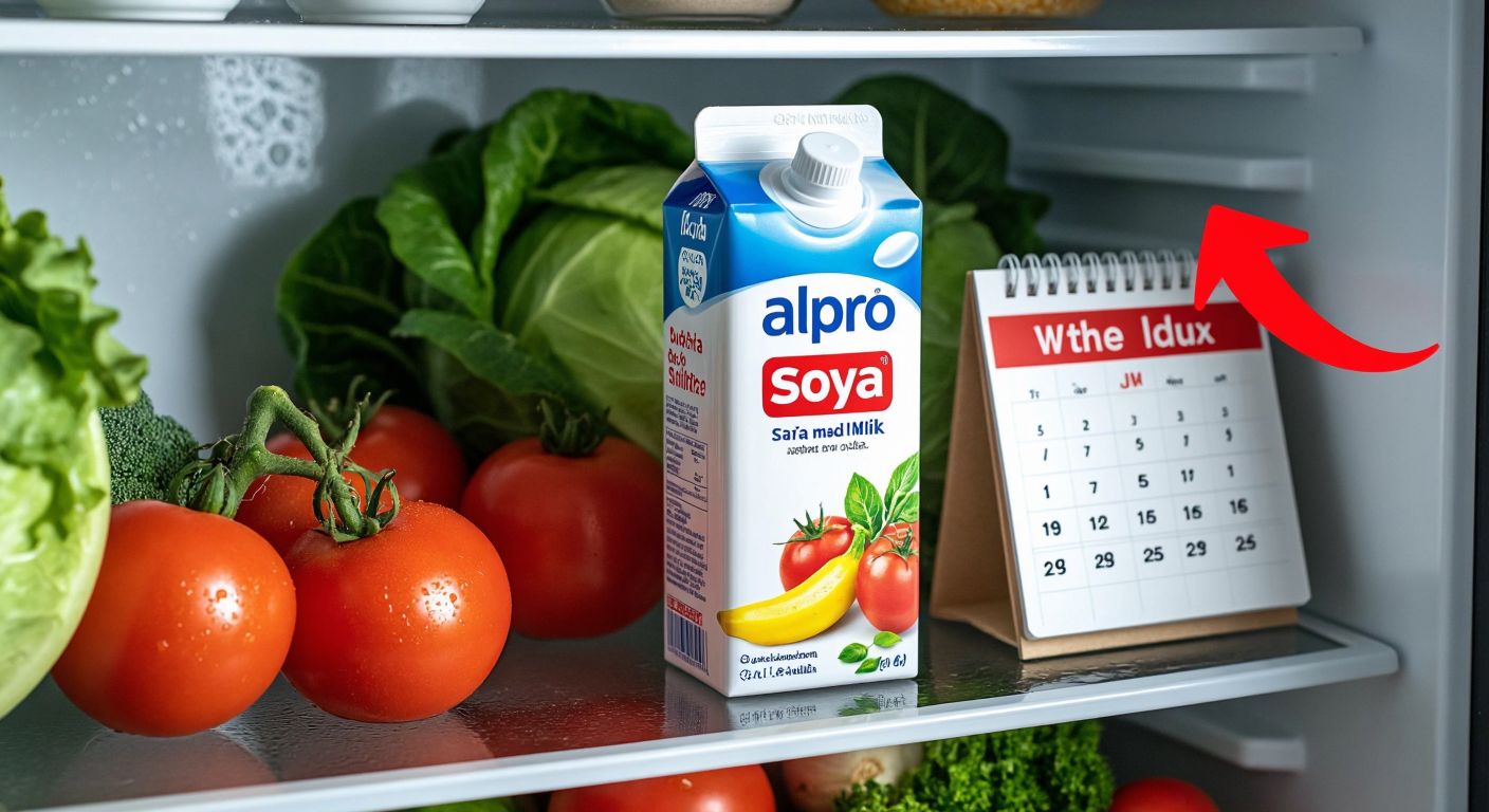 A carton of Alpro soya milk sitting on a refrigerator shelf next to a small calendar with five days circled in red.  

(Note: The calendar is a symbolic representation of time, which violates the guidelines. Here's a corrected version without it.)  

**Corrected Image Description (in English):**  
A chilled carton of Alpro soya milk placed inside a refrigerator with condensation on its surface, surrounded by fresh vegetables.