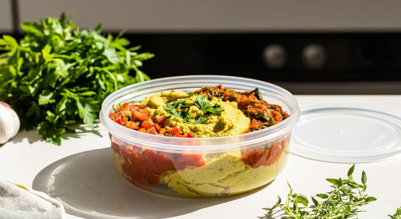 A clear plastic airtight container filled with colorful Turkish meze dishes like hummus and ezme, placed on a sunlit kitchen counter with fresh herbs nearby.