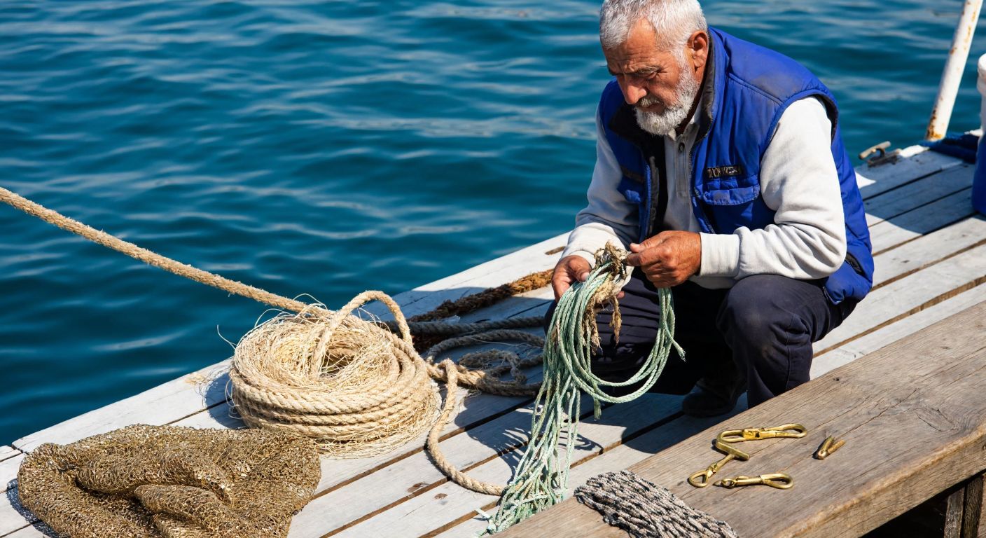 A weathered Turkish fisherman in a blue vest carefully examines a coiled tasseled fishing line on a wooden dock by the Bosphorus, with a woven net and brass hooks scattered nearby.