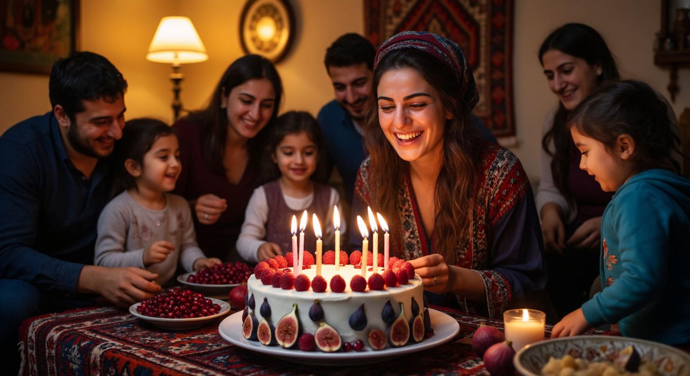 A smiling Turkish woman in her mid-30s blows out candles on a birthday cake decorated with fresh figs and pomegranates, surrounded by family in a cozy home with Anatolian kilim rugs.