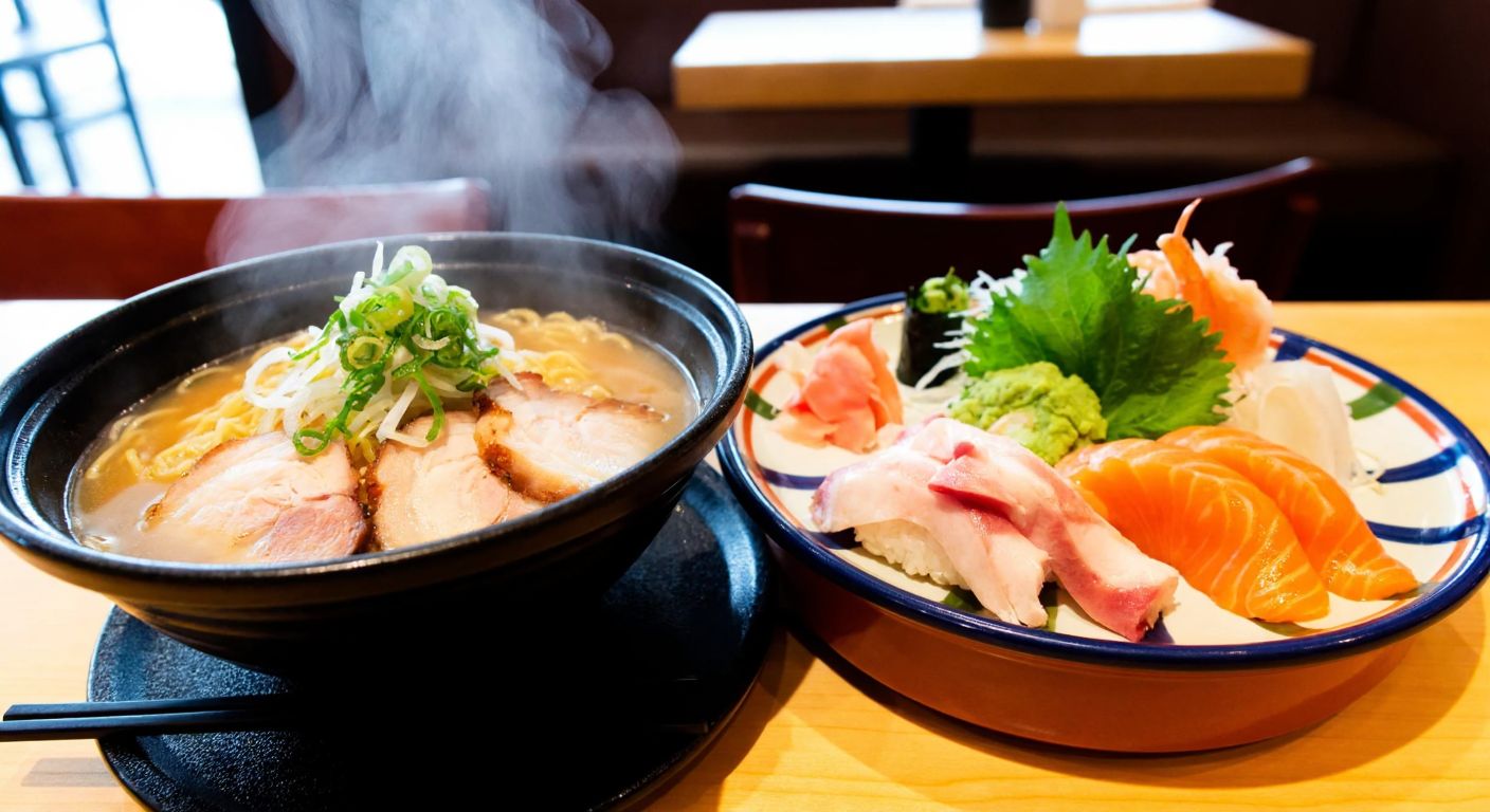 A steaming bowl of ramen with sliced pork and green onions beside a colorful plate of sushi rolls with fresh fish and seaweed, set on a wooden table in a cozy restaurant with warm lighting.