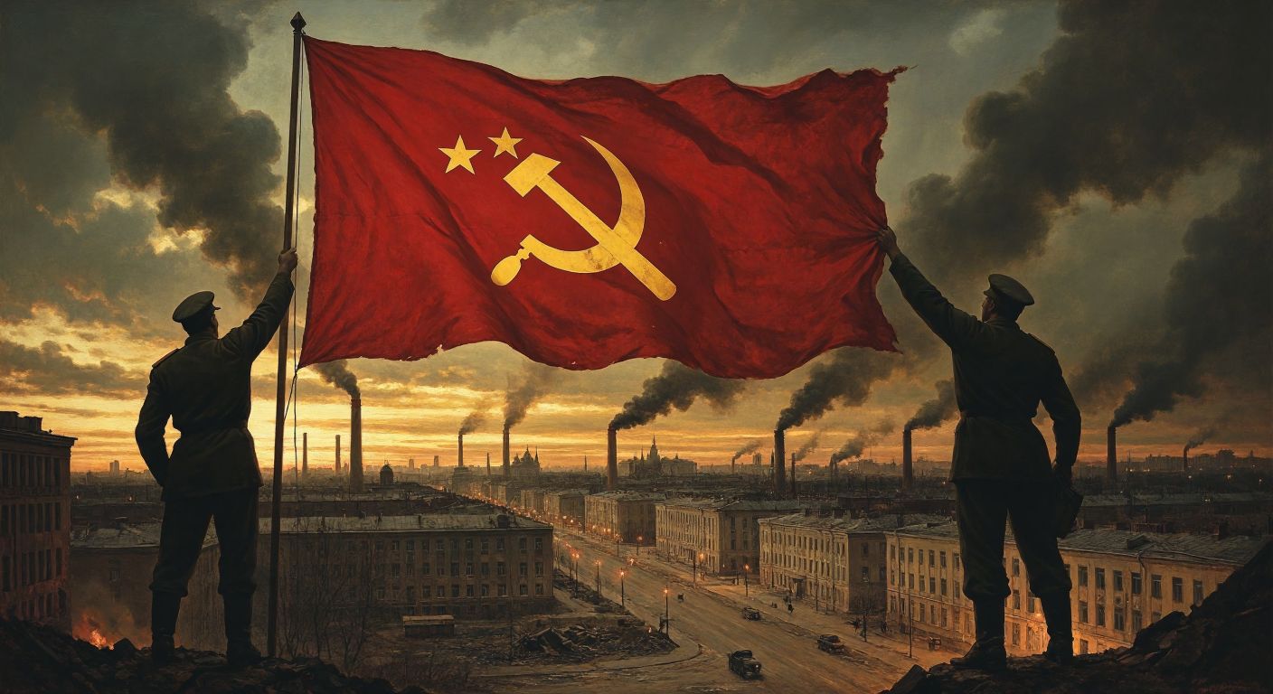 A weathered red flag with a hammer and sickle tattered by wind, flanked by two shadowy figures—one gesturing toward a globe, the other clutching a rigid bureaucratic ledger—against a backdrop of smokestacks and a dimly lit Soviet-era square.