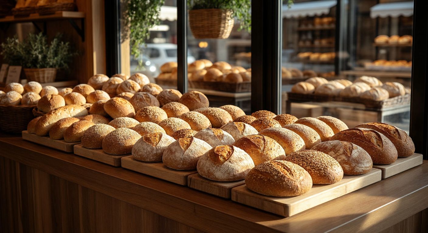 A warm Turkish bakery display featuring small round salt-free bread loaves, hearty whole wheat loaves, and rustic bran bread, arranged neatly on a wooden counter with a soft golden glow.