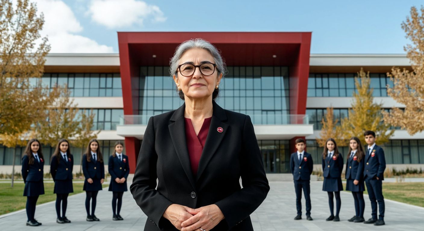 A dignified elderly woman in a formal blazer stands proudly in front of a modern Turkish school building with the Başkent University logo subtly integrated into its architecture, surrounded by students in neat uniforms.