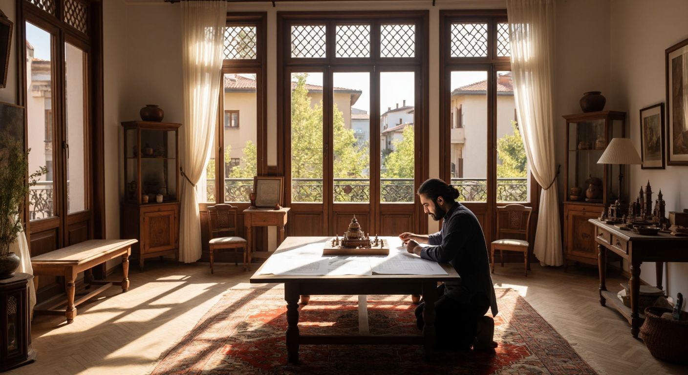 A Turkish architect in a sunlit room carefully arranging wooden furniture and decorative rugs, with blueprints and a scale model of a traditional Ottoman-style house on a nearby table.
