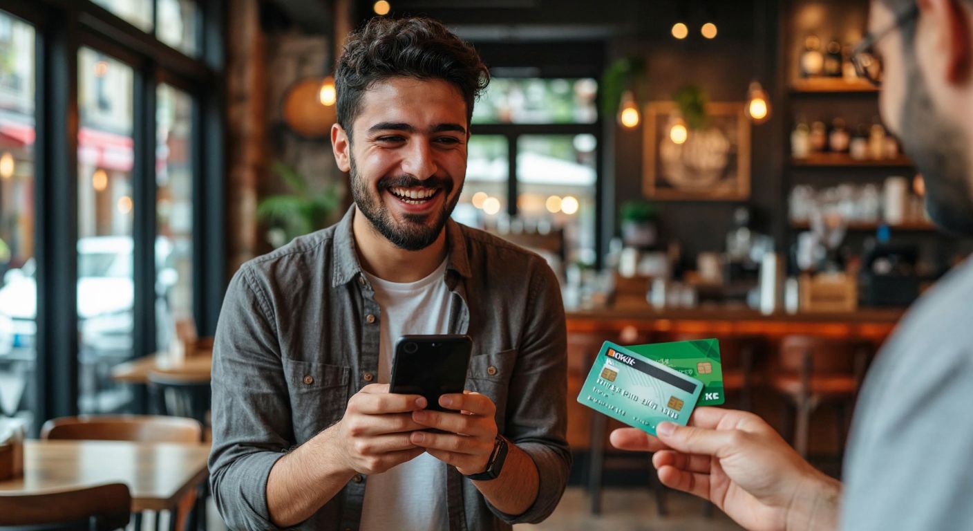 A smiling Turkish man in a casual shirt holds his smartphone showing the Kuveyt Türk app while gesturing enthusiastically to a friend holding a bank card, with a warm café setting in the background.