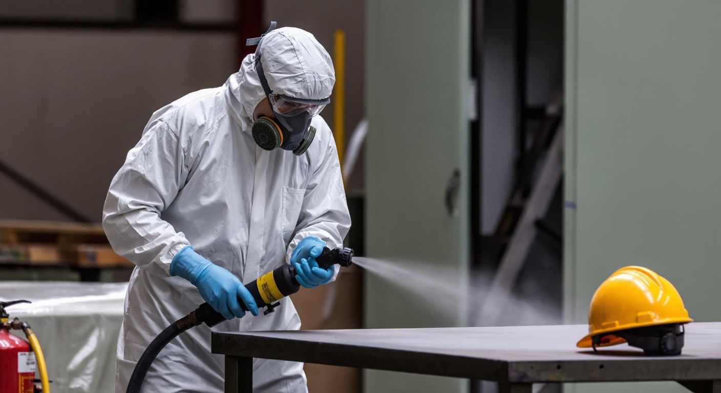 A Turkish worker in a paint workshop wearing a full-body protective suit, gloves, goggles, and a respirator mask, carefully spraying a metal surface while a fire extinguisher and safety helmet sit nearby.