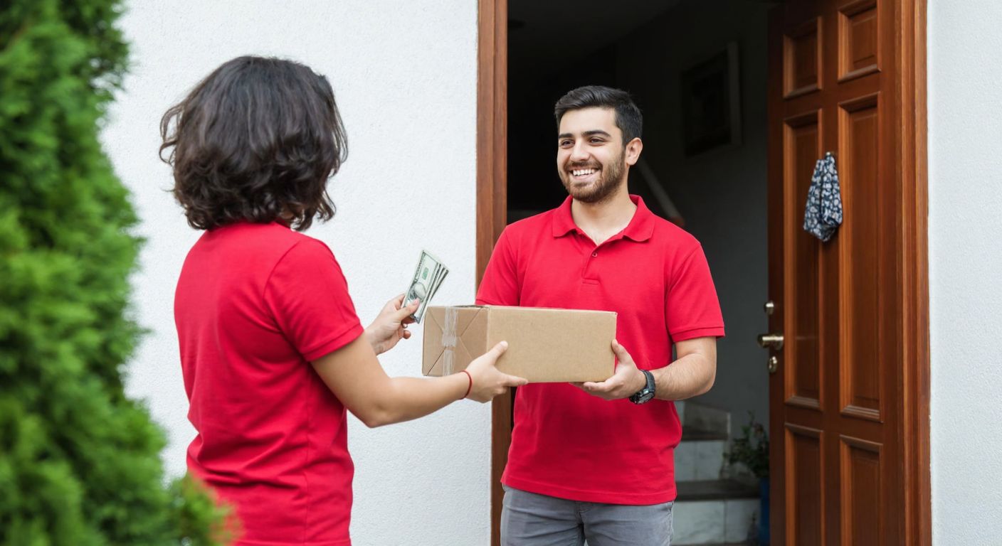 A cheerful delivery person in a red uniform hands a package to a smiling customer at their doorstep in a Turkish neighborhood, with a small stack of cash visible in the customer's hand.