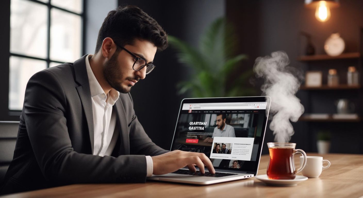A focused Turkish professional in a modern office, wearing glasses, intently browsing a government website on a laptop with a steaming cup of Turkish tea beside them.